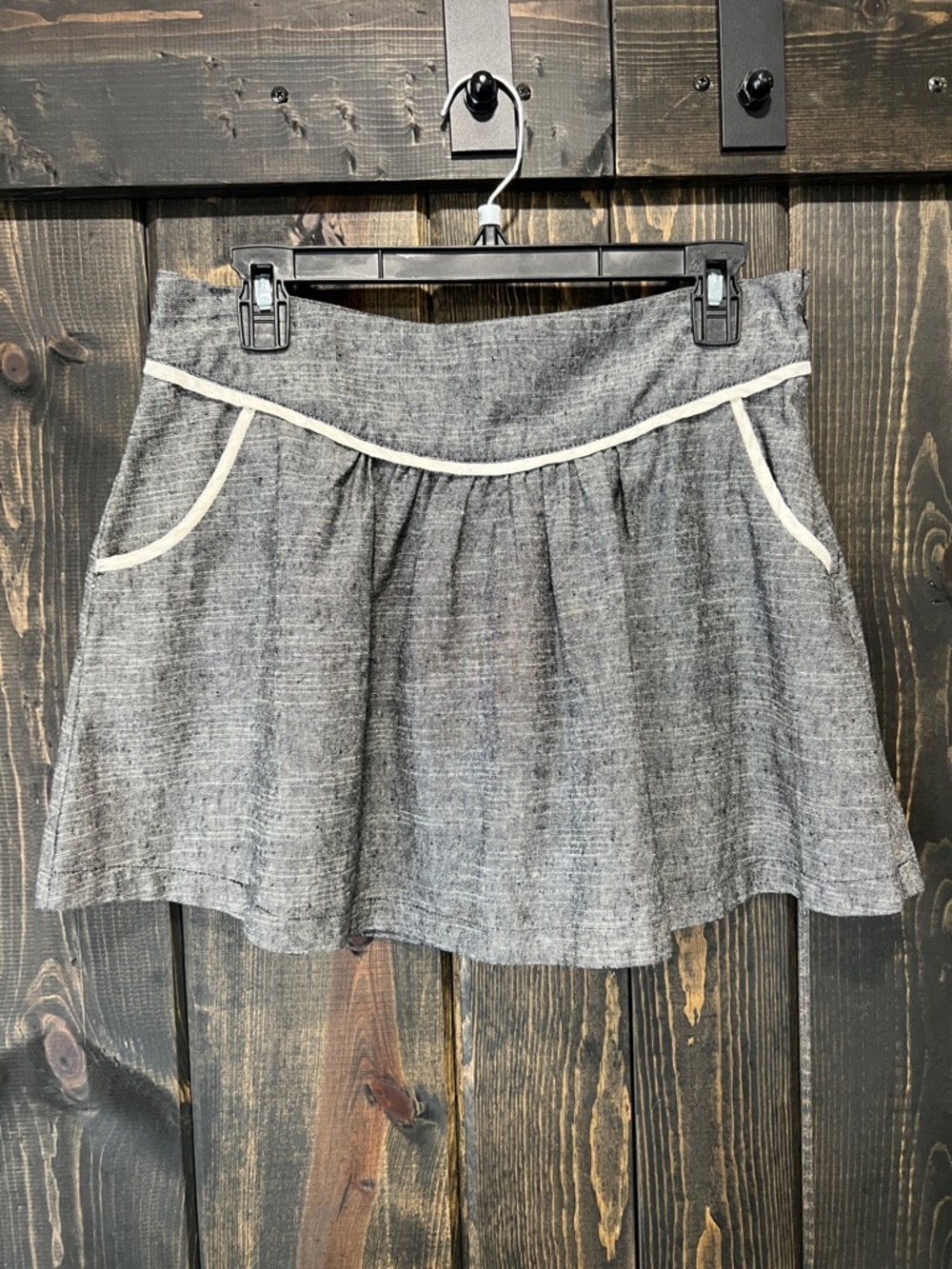LUX Linen Blendβ Mini Skirt 6 Grey Textured Cream Trim Pockets Boho Side Zip